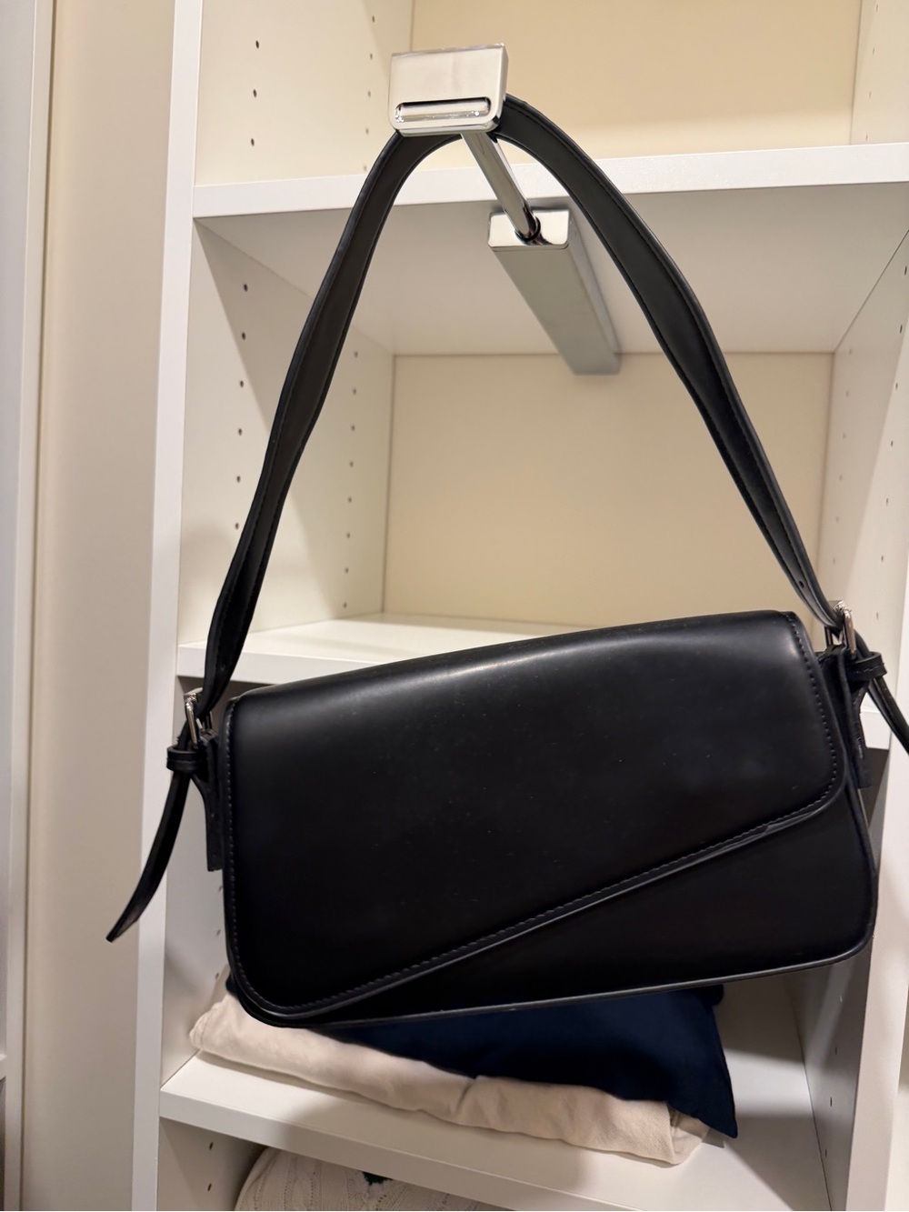 Zara Minimalist asymmetrical Black faux Leather Shoulder Bag